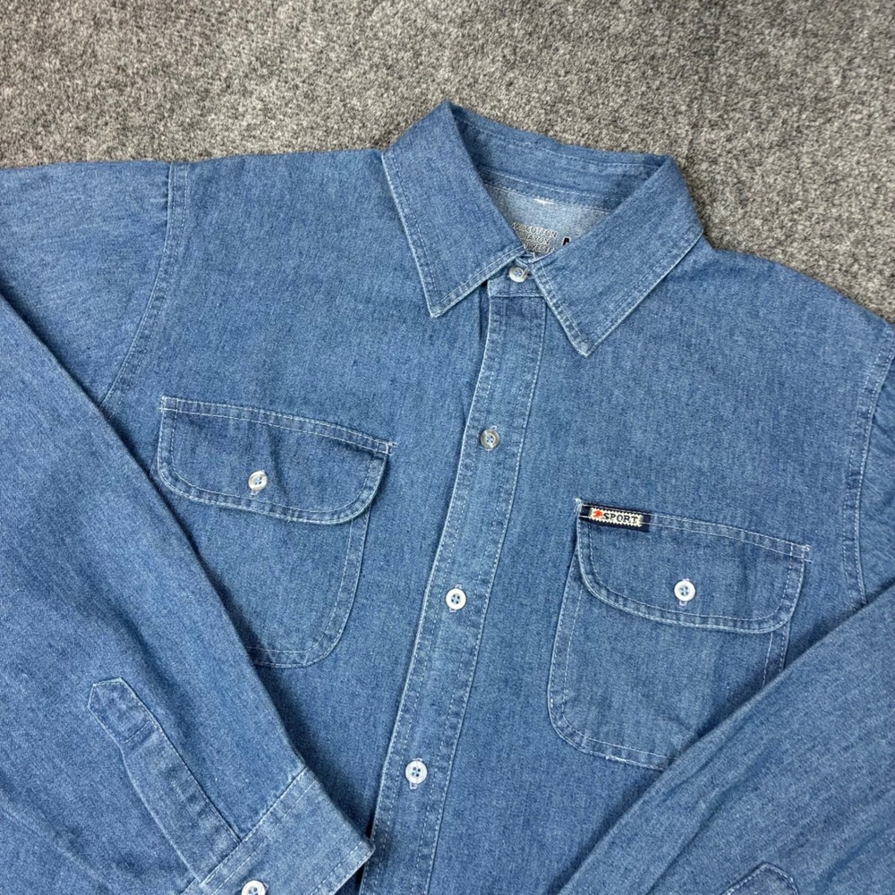 Sport Mens Size Medium Blue Denim Button Down Shirt Long Sleeve Medium Wash